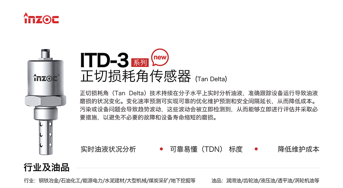 ITD-3 系列油液正切損耗角(Tan Delta)傳感器技術(shù)持續(xù)在分子水平上實(shí)時(shí)分析油液，準(zhǔn)確跟蹤設(shè)備運(yùn)行導(dǎo)致油液磨損的狀況變化。變化速率預(yù)測可實(shí)現(xiàn)可靠的優(yōu)化維護(hù)預(yù)測和安全間隔延長，從而降低成本。污染或設(shè)備問題會(huì)導(dǎo)致趨勢波動(dòng)，這些波動(dòng)會(huì)被立即檢測到，從而能夠立即進(jìn)行評估并采取必要措施，以避免不必要的故障和設(shè)備壽命縮短的磨損。應(yīng)用行業(yè)：鋼鐵冶金/石油化工/能源電力/水泥建材/大型機(jī)械/煤炭采礦/地下挖掘等，適用油品:潤滑油/齒輪油/液壓油/透平油/渦輪機(jī)油等。